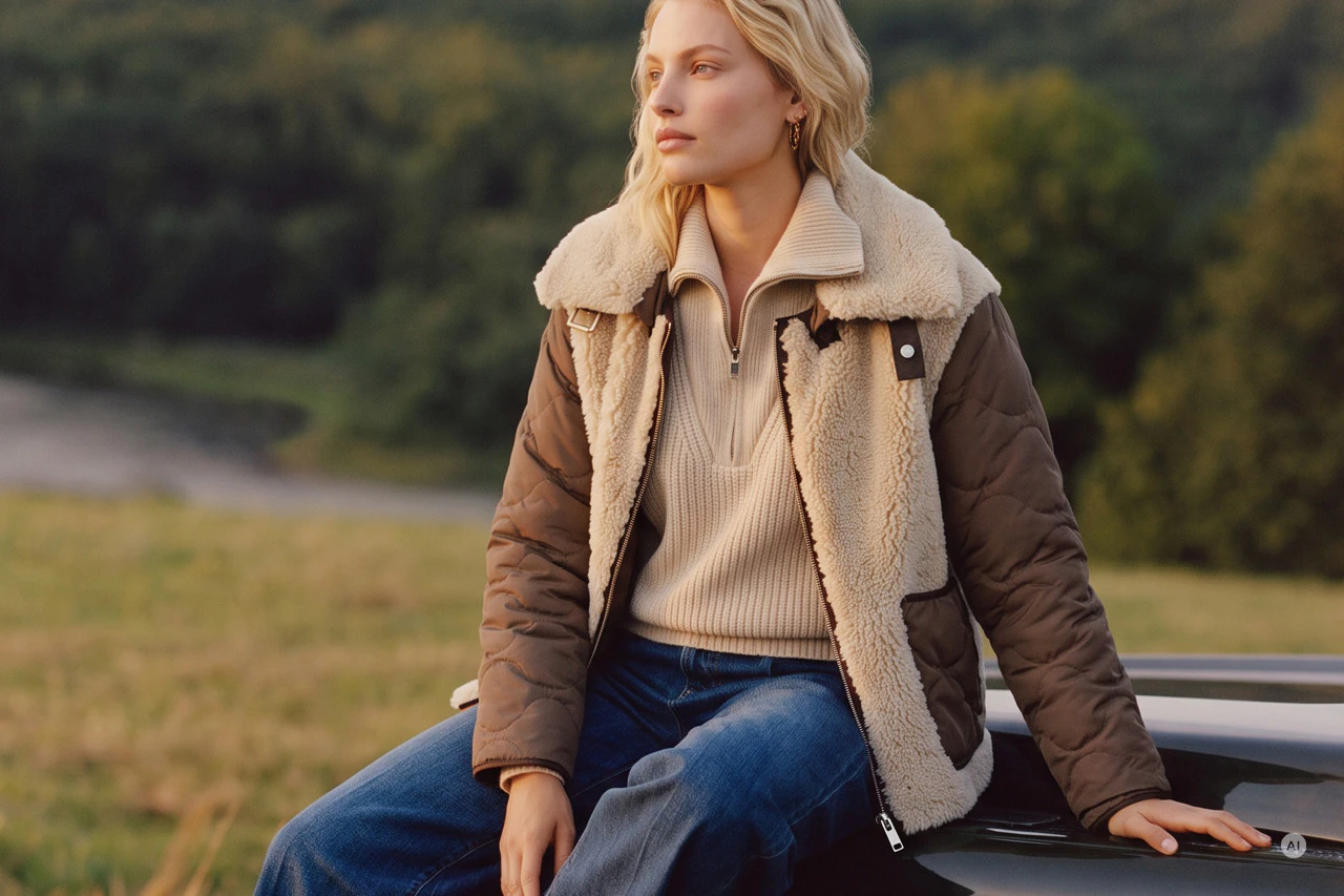 Damenmode im Herbst: Model trägt einen beigefarbenen Strickpullover unter einer braunen Steppjacke mit Teddyfell-Details, dazu eine dunkelblaue Jeans und schwarze Stiefel. Die Aufnahme zeigt sie sitzend auf einem Geländewagen vor einer herbstlichen Landschaft.