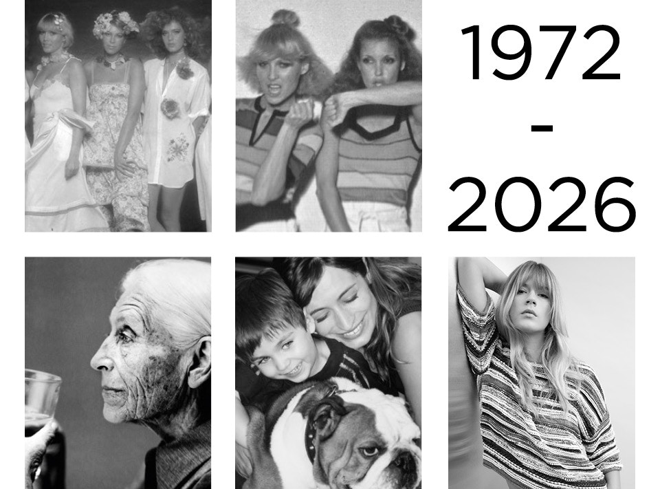 A collage with various images of the Oui company and their origins. Different campaign motifs from 1972 - 2025 are shown over this period.