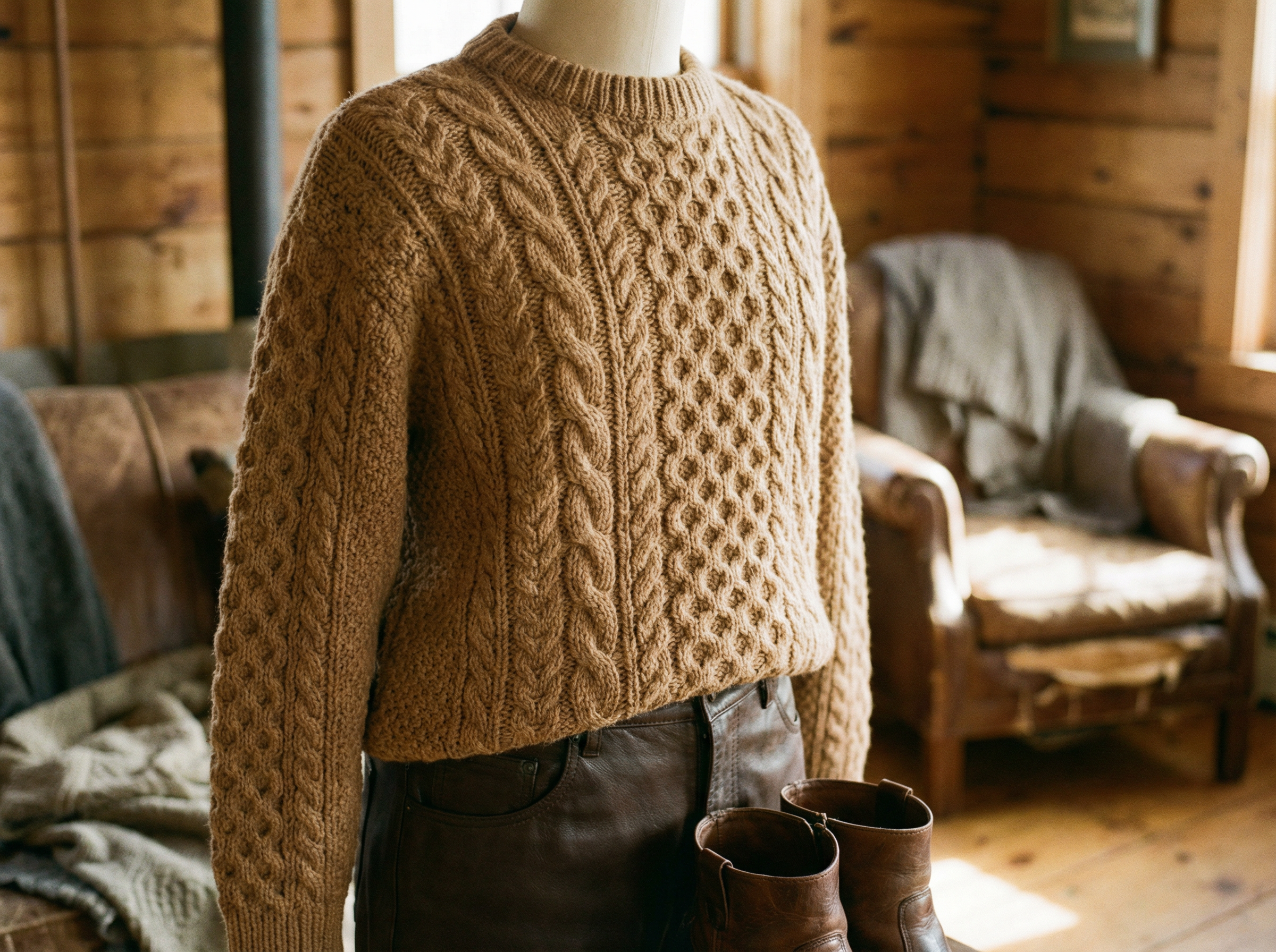 Ein brauner Strickpullover mit einem wunderschönen Zopfmuster auf einer Modepuppe in einer urigen, holzigen Hütte.