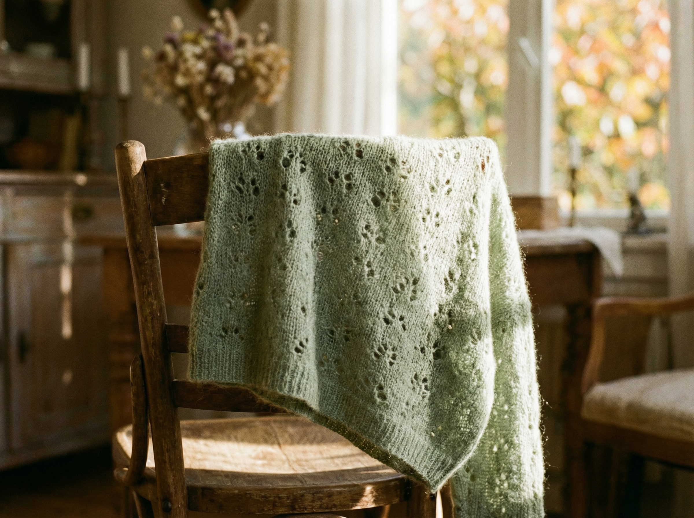 Ein heller Pullover in Ajour gestrickt hängt über einer Lehne eines Holzstuhls, im Hintergrund sieht man Sonnenlicht durch ein Fenster mit herstlichen Flair.