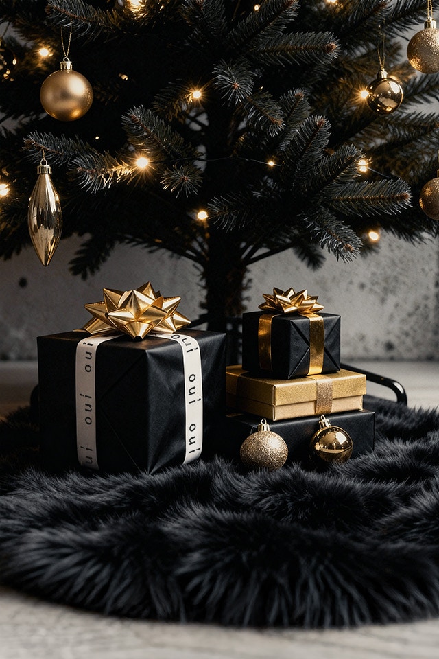 Geschenke in schwarzem Papier mit OUi Logo-Band und goldener Schleife unter einem Christbaum mit goldenem Christbaumschmuck.