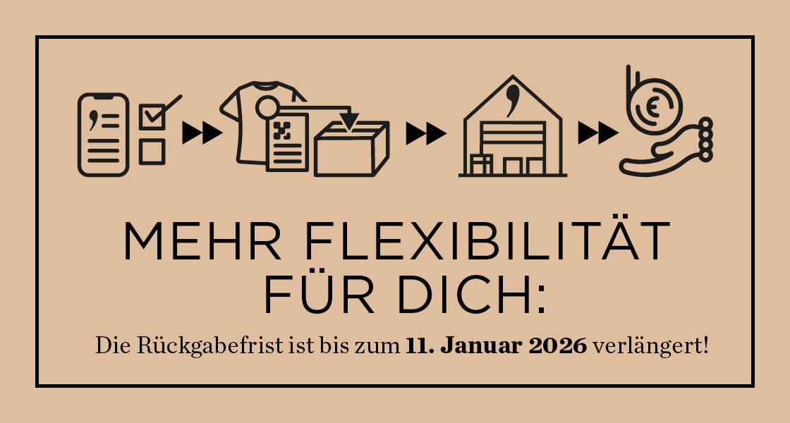 Beschreibung mit div. Zeichen den Retourenkreislauf. Text: Mehr Fleixibilität für dich: die rückgabefrist ist bis zum 11.01.2026 verlängert!