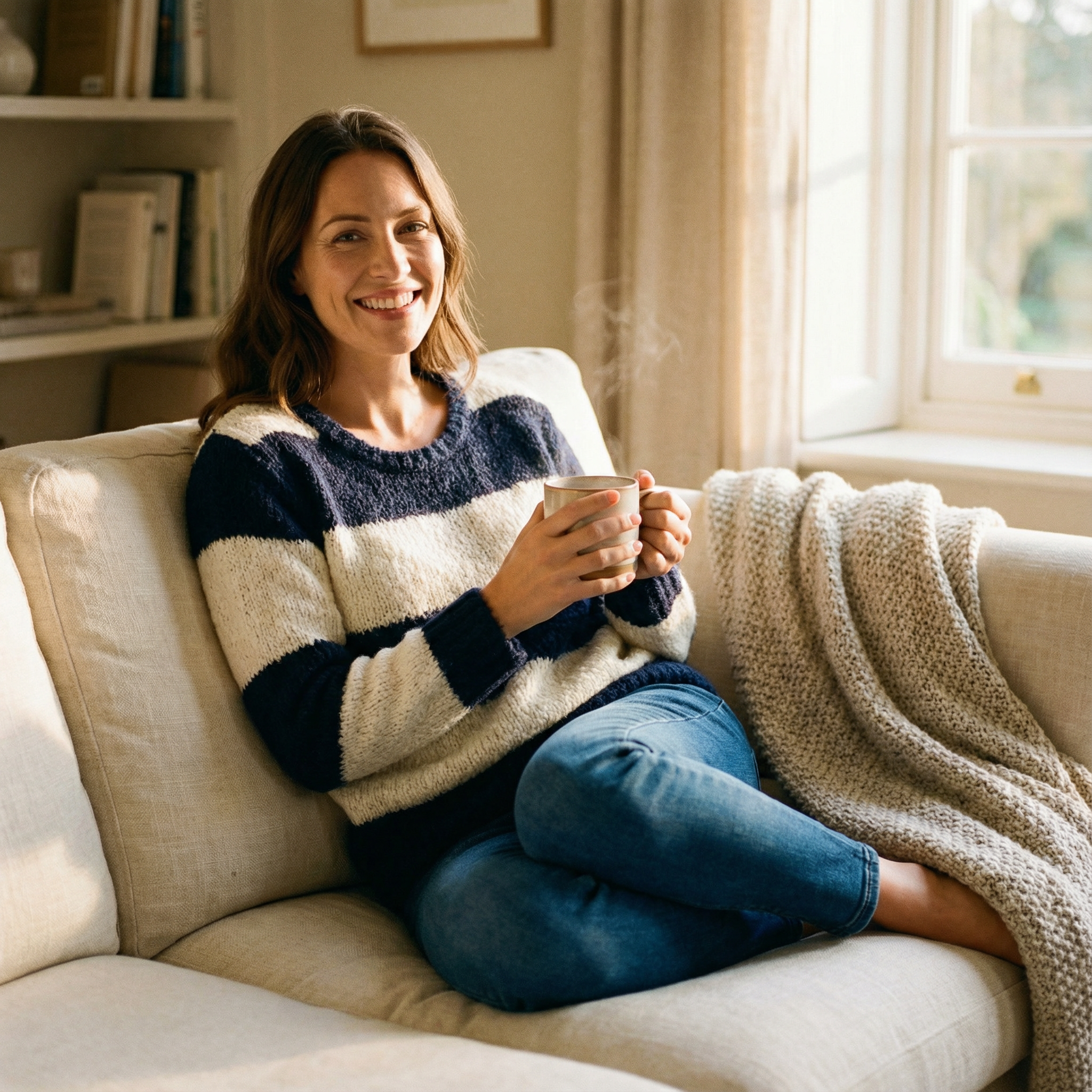 A woman is sitting relaxed on a sofa, wearing a blue and white striped knitted jumper and jeans, holding a cup in her hands.