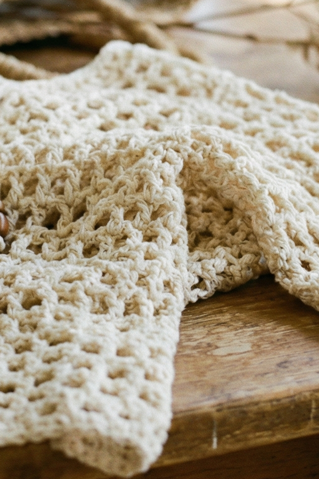 Eine Nahaufnahme auf einen Pullover in Häkeloptik gestrickt in beige.