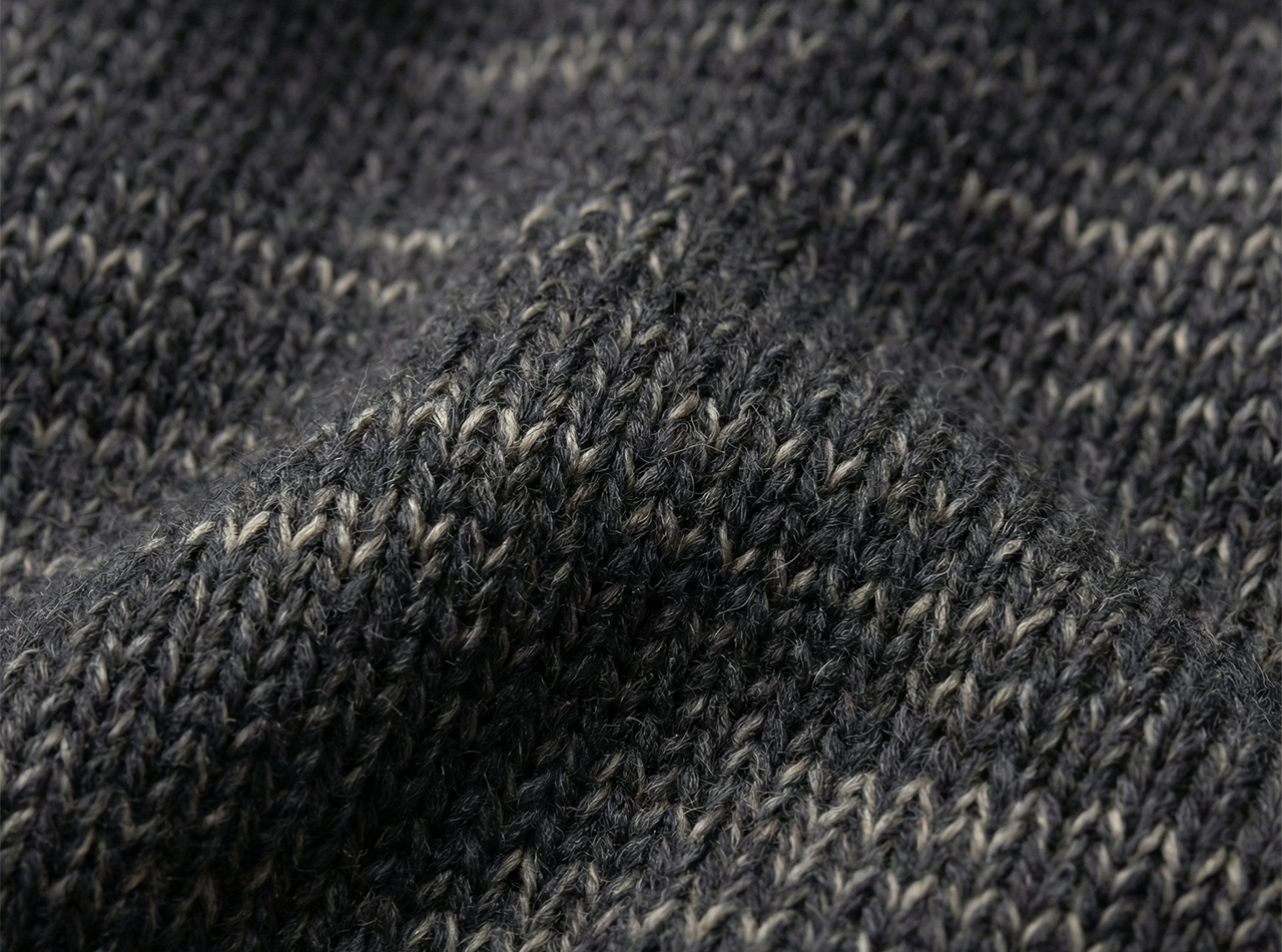 Close-up of a dark grey mottled knit pattern with fine, lighter yarn accents.