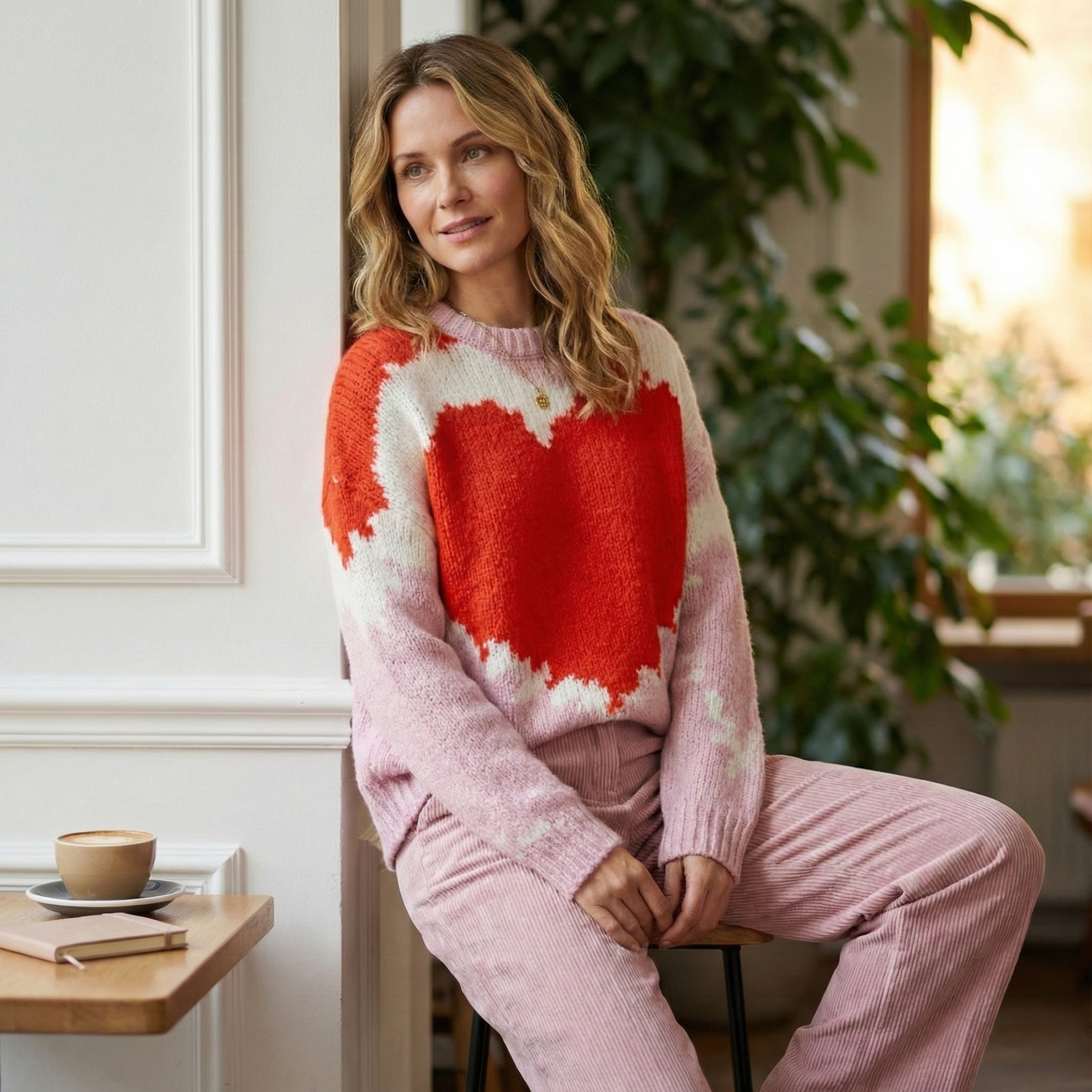Eine Frau trägt einen rosa Strickpullover mit großem rotem Herzmotiv und eine rosa Cordhose.