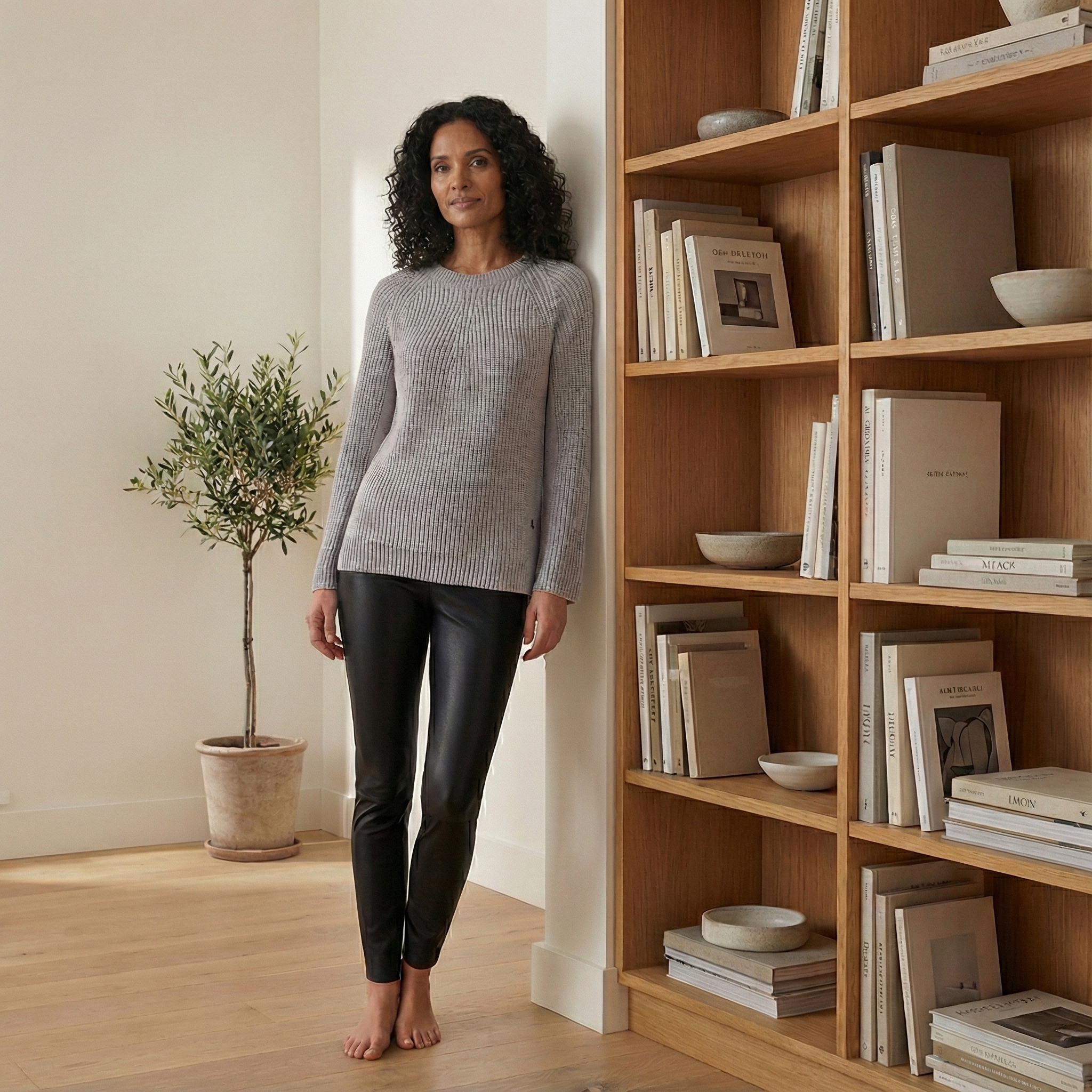 Eine Frau lehnt barfuß an einem Bücherregal, trägt einen grauen Rundhalspullover und schwarze Lederleggings