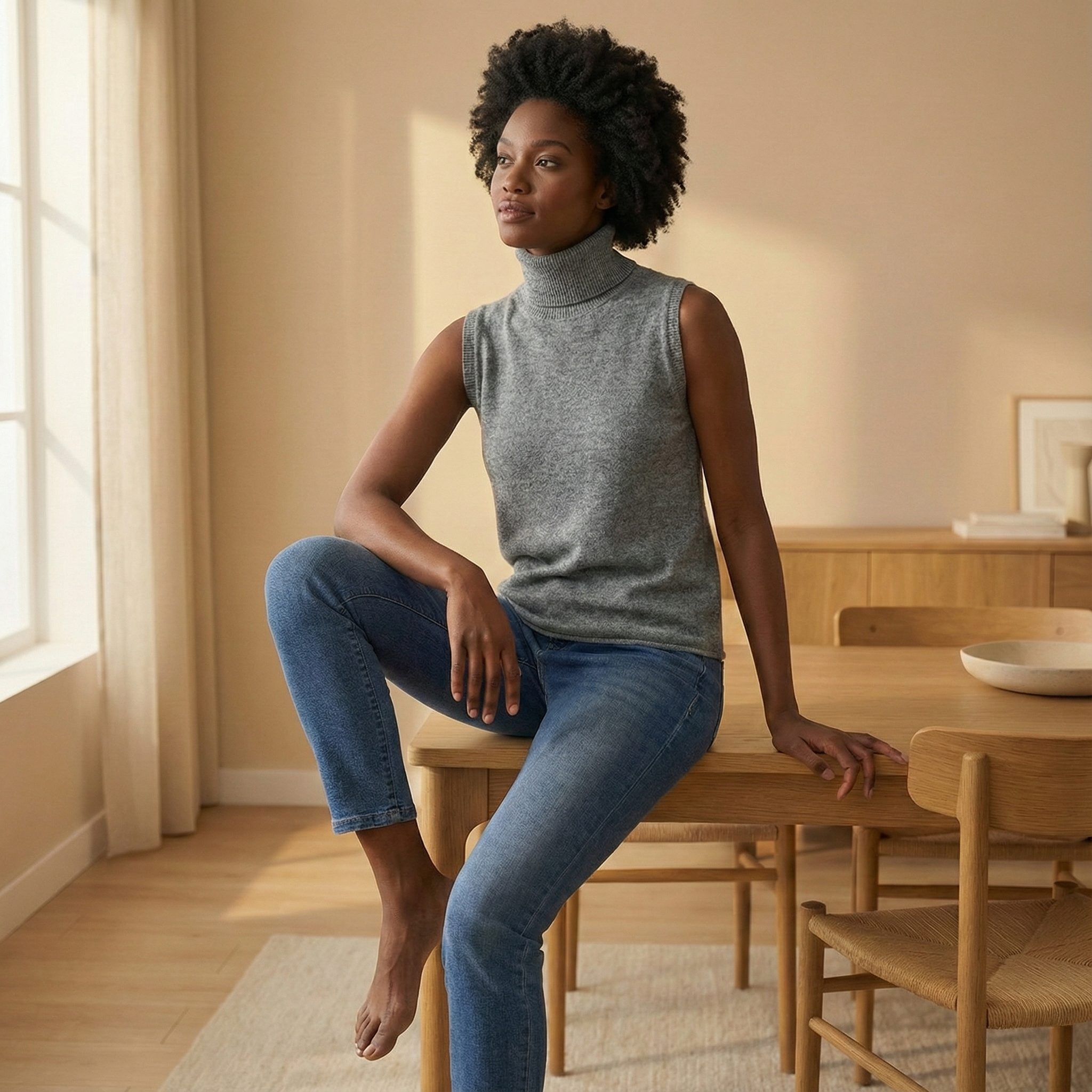 A woman is wearing a grey, sleeveless knitted top with a turtleneck and blue jeans.
