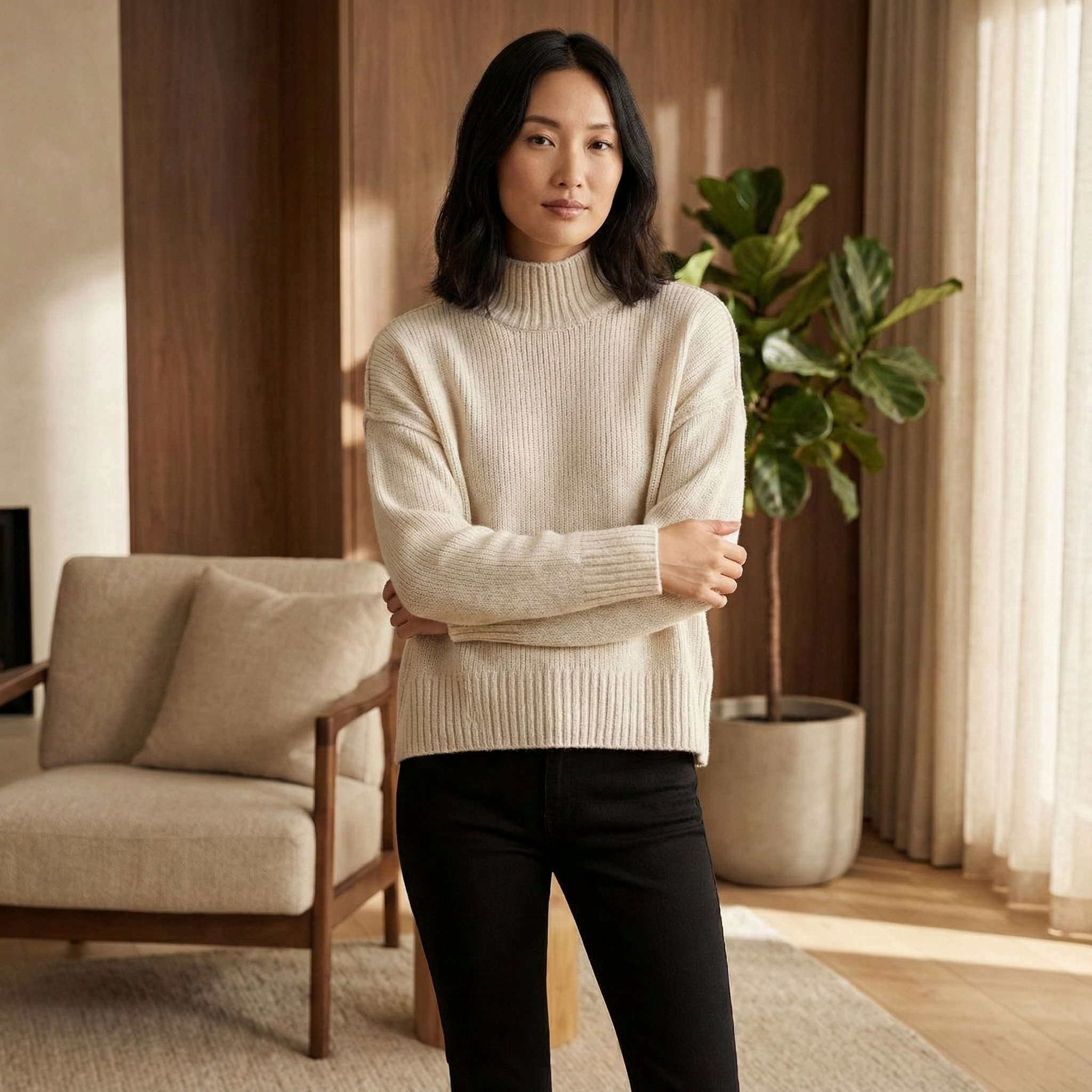 A woman is wearing a beige knitted jumper with a high collar and black trousers.