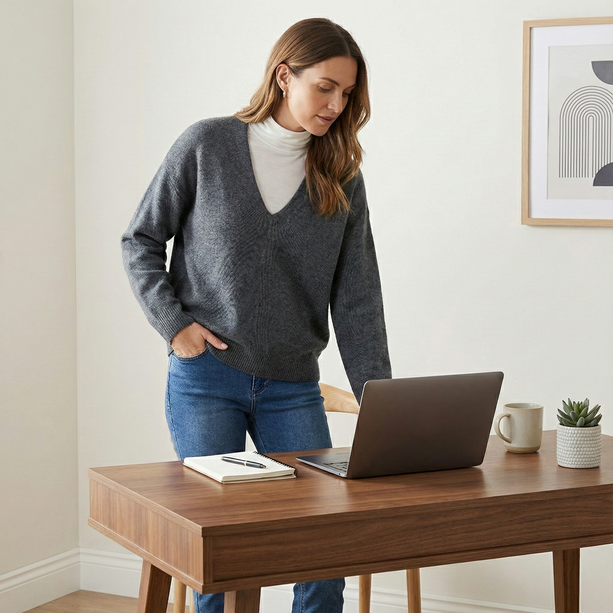 A woman is standing at a wooden table with a laptop, wearing a grey V-neck jumper over a white turtleneck shirt and jeans.