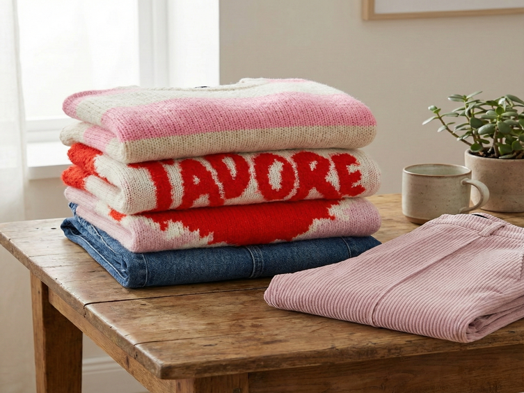 Ein Stapel farbiger Strickpullover in Rosa, Rot und Weiß liegt auf einem Holztisch, darunter eine gefaltete Jeans. Rechts daneben liegt eine rosa Cordhose; im Hintergrund stehen eine Tasse und eine kleine Pflanze.