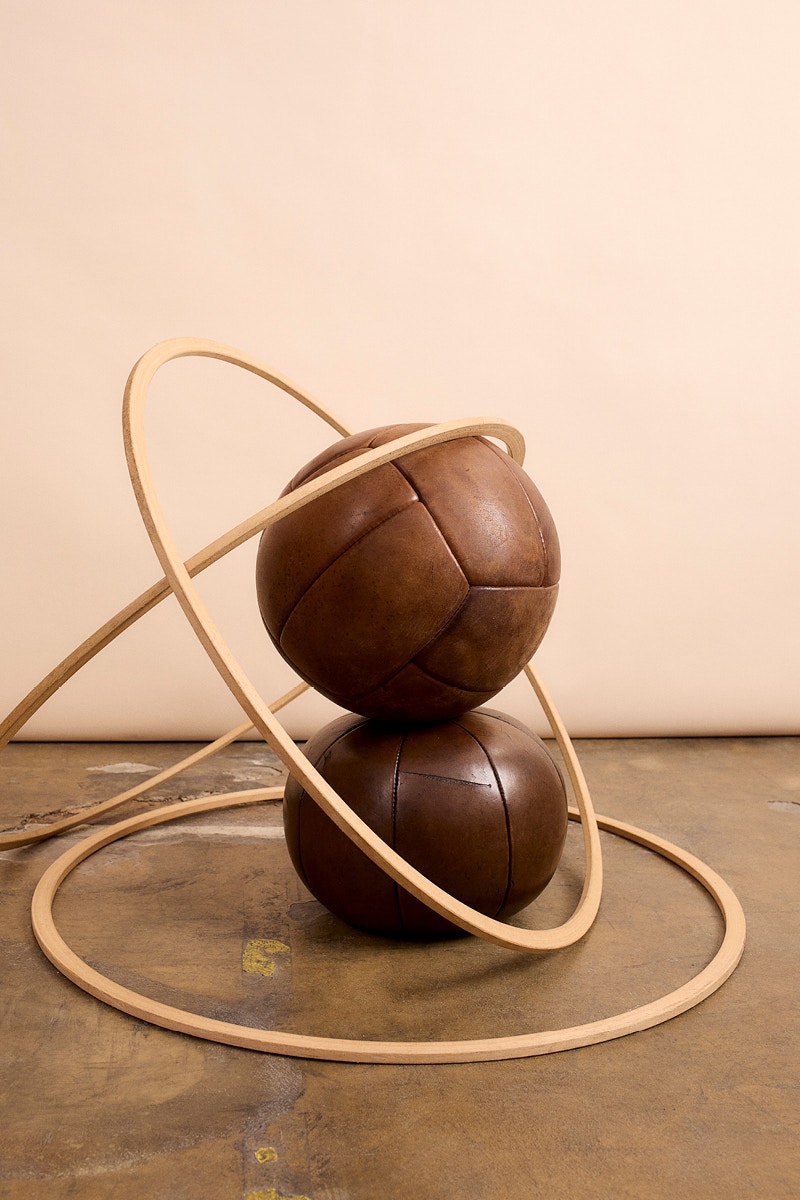 Two medicine balls stacked on top of each other with wooden hula hoops