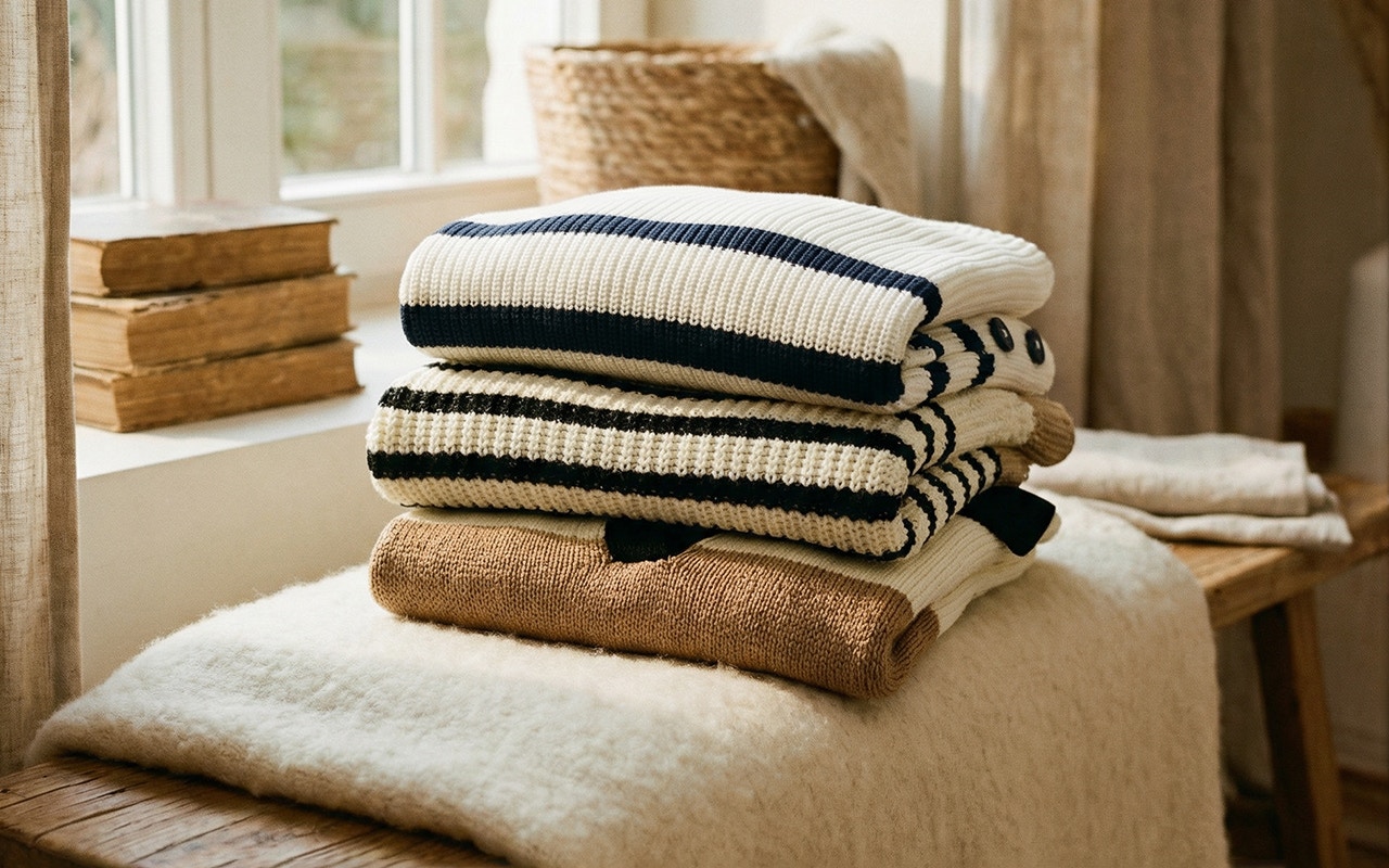 Stapel Kleidung aus verschiedenen Strickpullovern mit unterschiedlichen Streifenmustern in den Farben beige-weiss, braun-weiss oder weiss-schwarz.