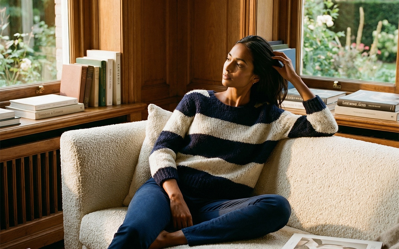 Frau auf einem beigen Sofa trägt einen blau-weissen Blockstreifen Pullover mit einer blauen Hose.