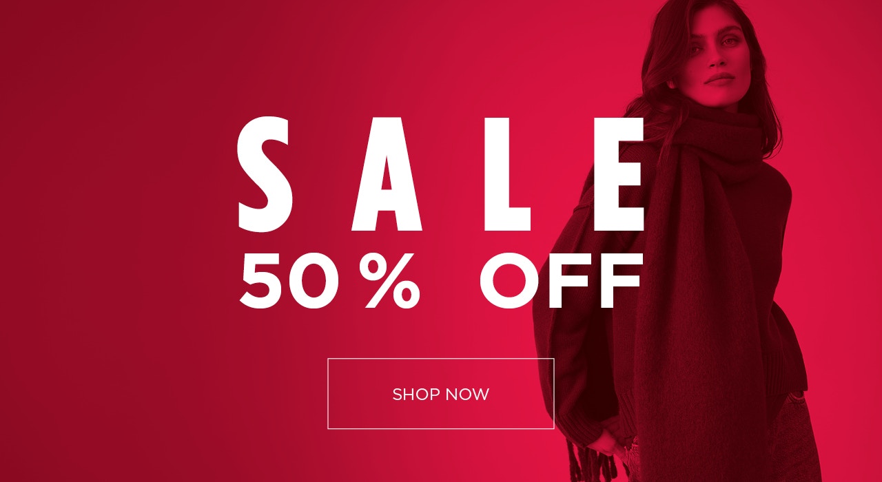 Red banner with a woman on the right wearing a scarf and text: Sale 50% OFF shop now.