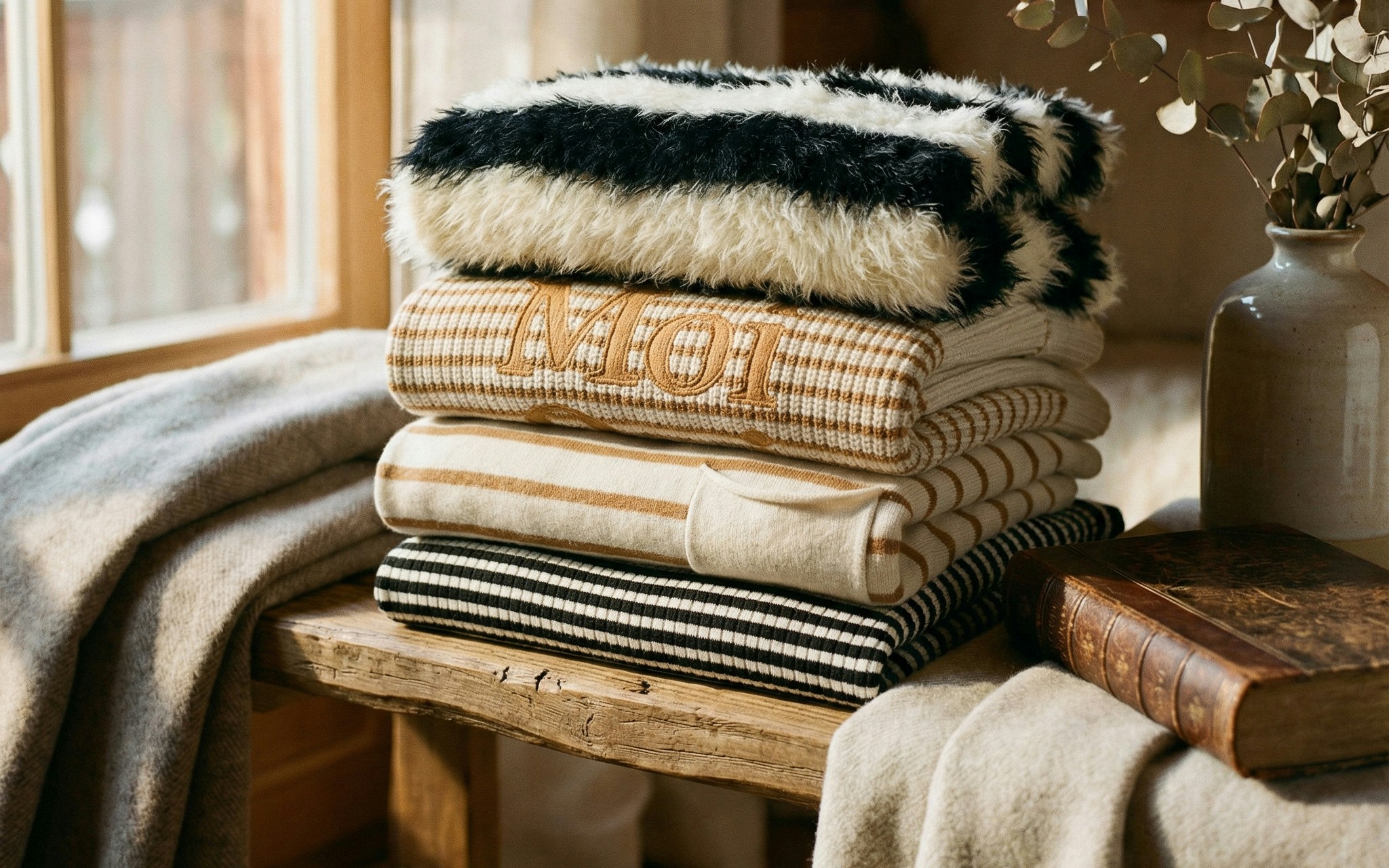 Stack of clothing consisting of various knitted jumpers with different striped patterns in beige and white or white and black.