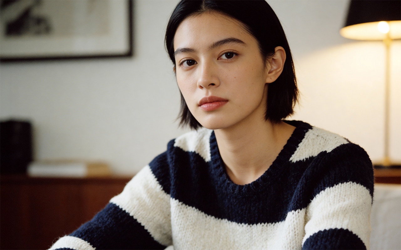 Woman wearing a block-striped jumper in white and blue.
