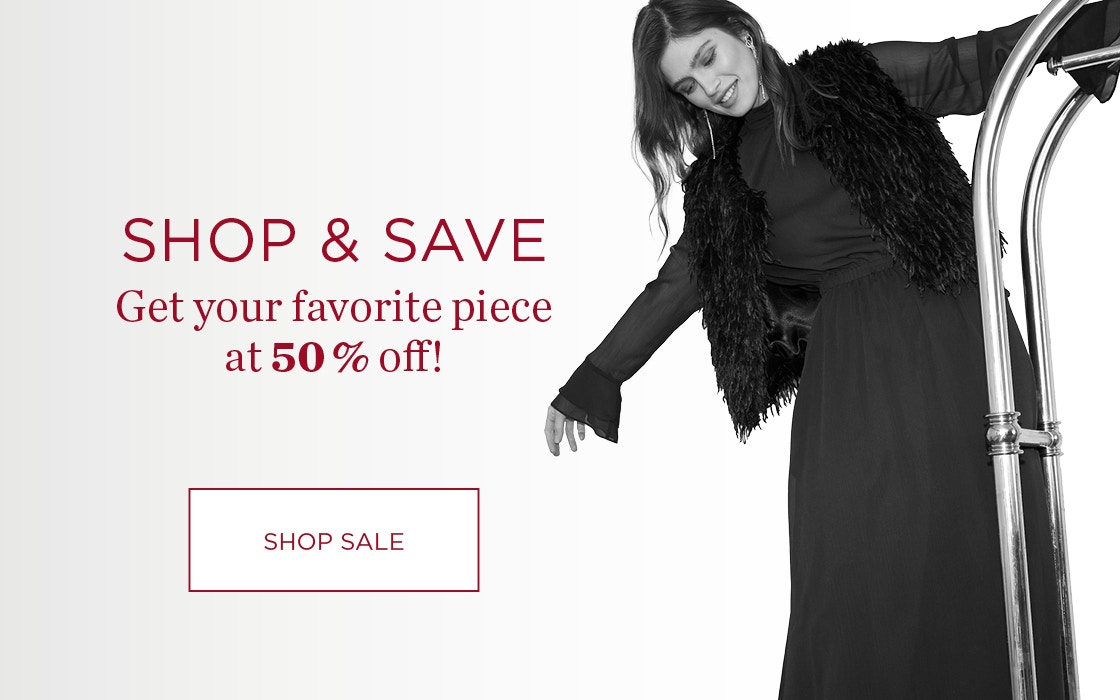 Black and white fashion motif featuring a woman in an elegant outfit: transparent long-sleeved blouse, long flowing skirt silhouette and black textured waistcoat, alongside advertising text promoting a sale with a 50% discount.