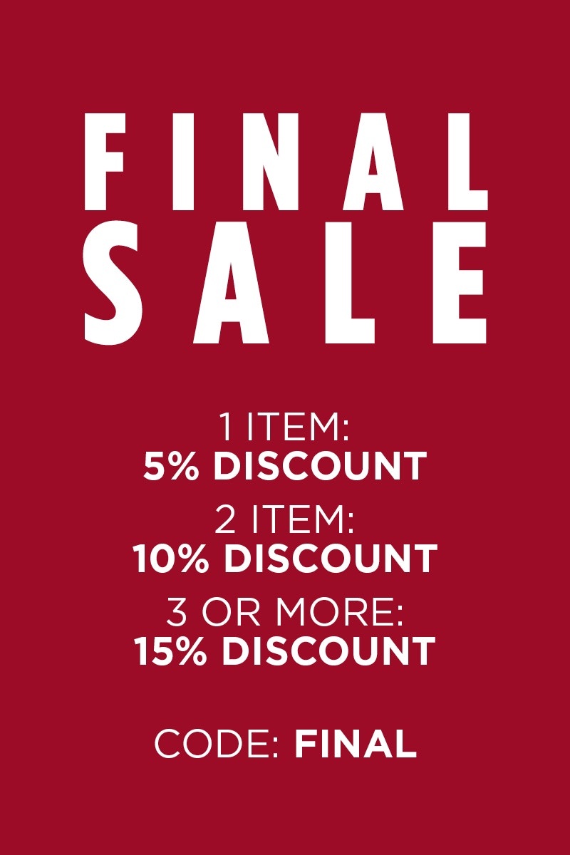 Red box with final sale - 1 item: 5% discount, 2 items: 10% discount, 3 or more items: 15% discount on items already discounted by 50%.
