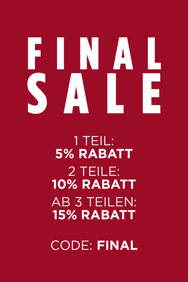 Roter Kasten mit Final Sale - 1 Teil: 5% Rabatt, 2 Teile: 10% Rabatt, ab 3 Teile: 15% Rabatt auf bereits 50% gewährte.