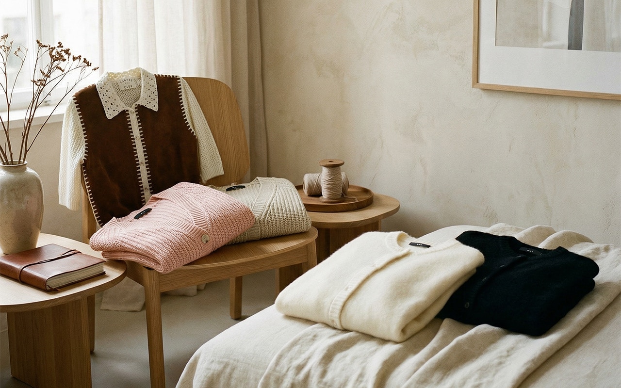 Gestapelte Kleidung auf einem Stuhl und Bett, diverse Strickjacken in weiß, beige, schwarz und rosa.