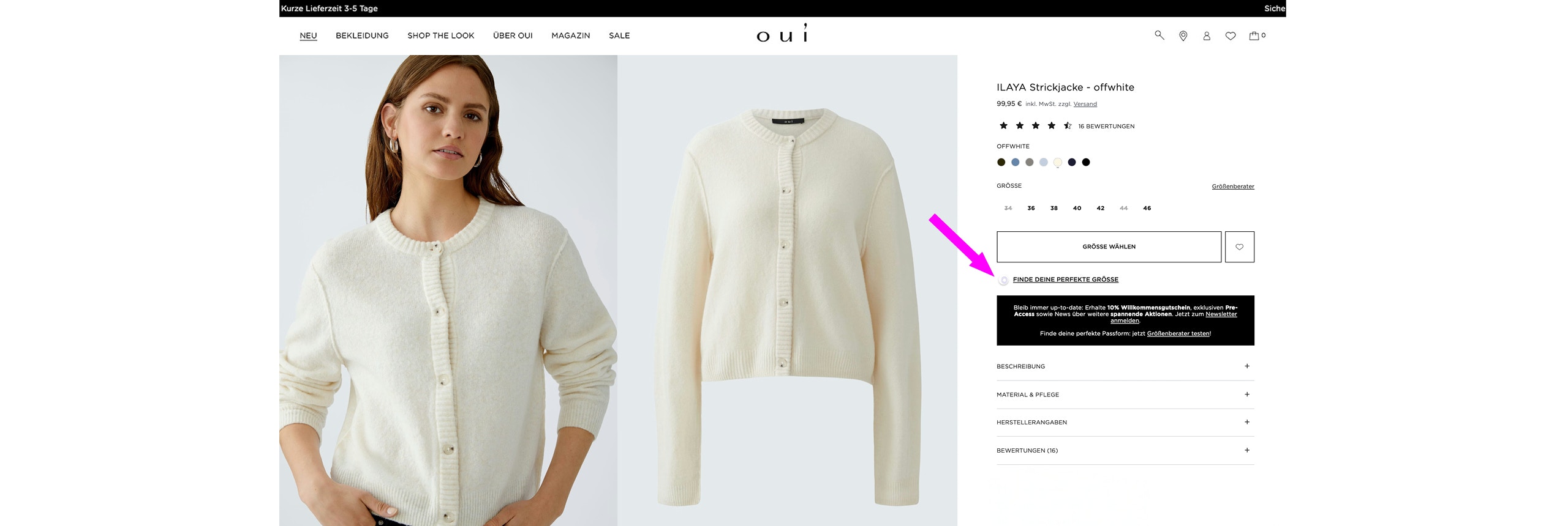 Ein pinker Pfeil weist auf einen Hinweis mit Finde deine perfekte Größe.