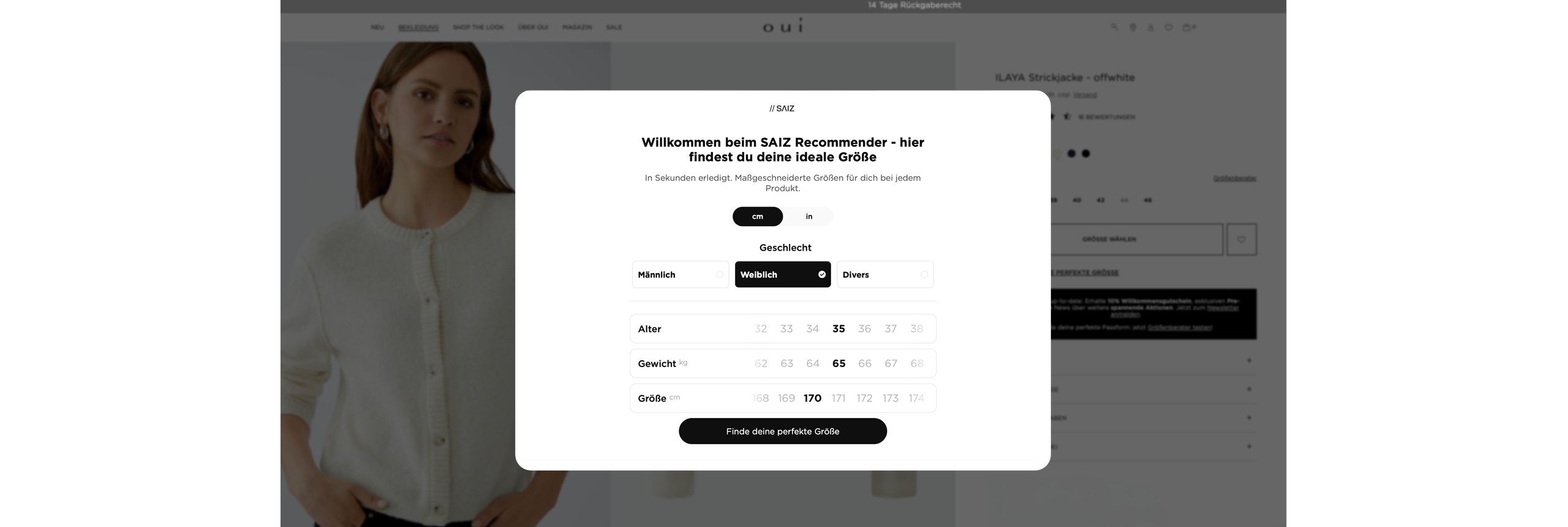 Popup-Fenster des SAIZ Größenberaters auf einer Mode-Website. Überschrift: 'Willkommen beim SAIZ Recommender – hier findest du deine ideale Größe'. Auswahloptionen für Maßeinheit (cm oder in), Geschlecht (Männlich, Weiblich, Divers) und Eingabefelder für Alter, Gewicht in kg und Größe in cm. Darunter ein schwarzer Button mit der Aufschrift 'Finde deine perfekte Größe'. 
