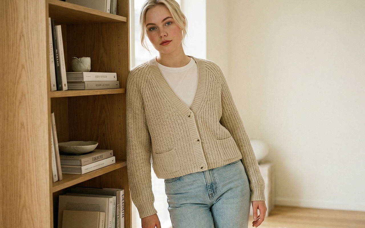 Woman wearing a beige cardigan with a white T-shirt underneath and light-coloured jeans.