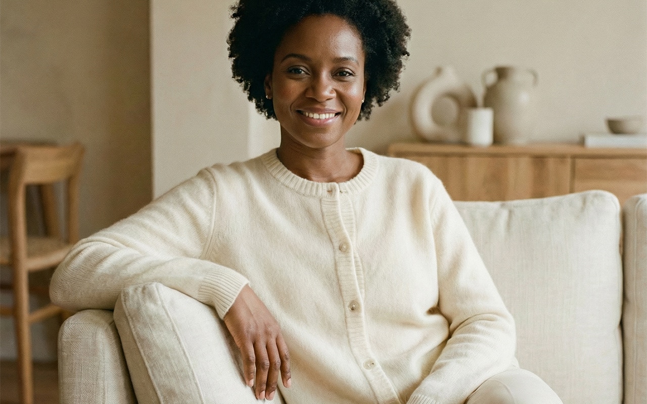 Woman wearing a white cardigan and white trousers.