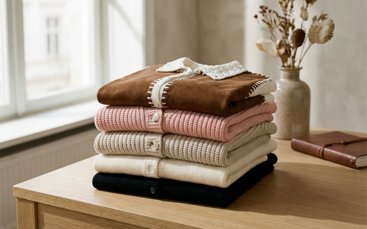 A pile of clothes consisting of various cardigans in black, beige, grey, pink and brown with white.