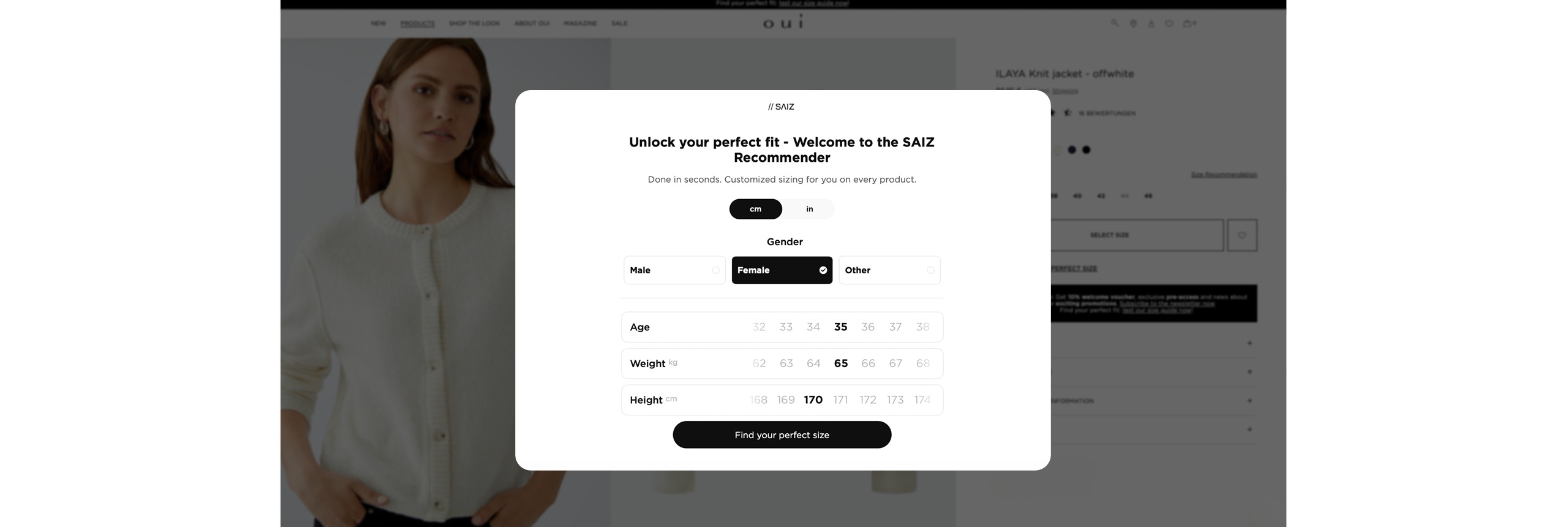Pop-up window of the SAIZ size advisor on a fashion website. Headline: 'Welcome to the SAIZ Recommender – find your ideal size here'. Selection options for units of measurement (cm or in), gender (male, female, diverse) and input fields for age, weight in kg and height in cm. Below this is a black button labelled 'Find your perfect size'.
