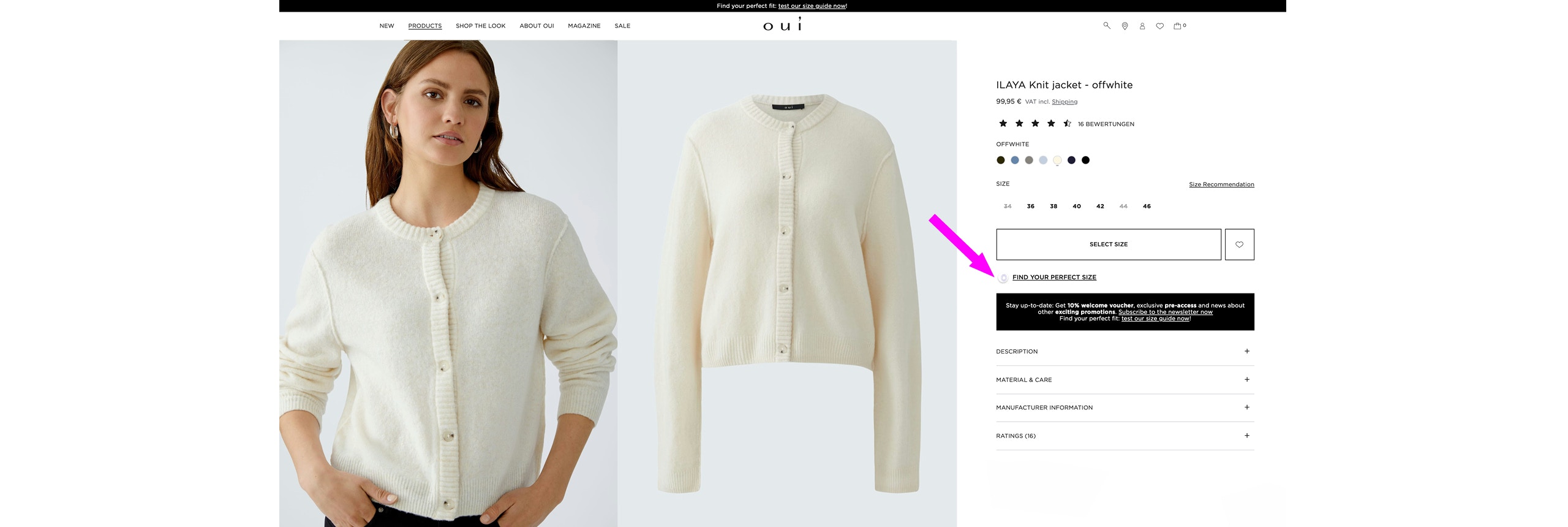 A pink arrow points to a tip on finding your perfect size.