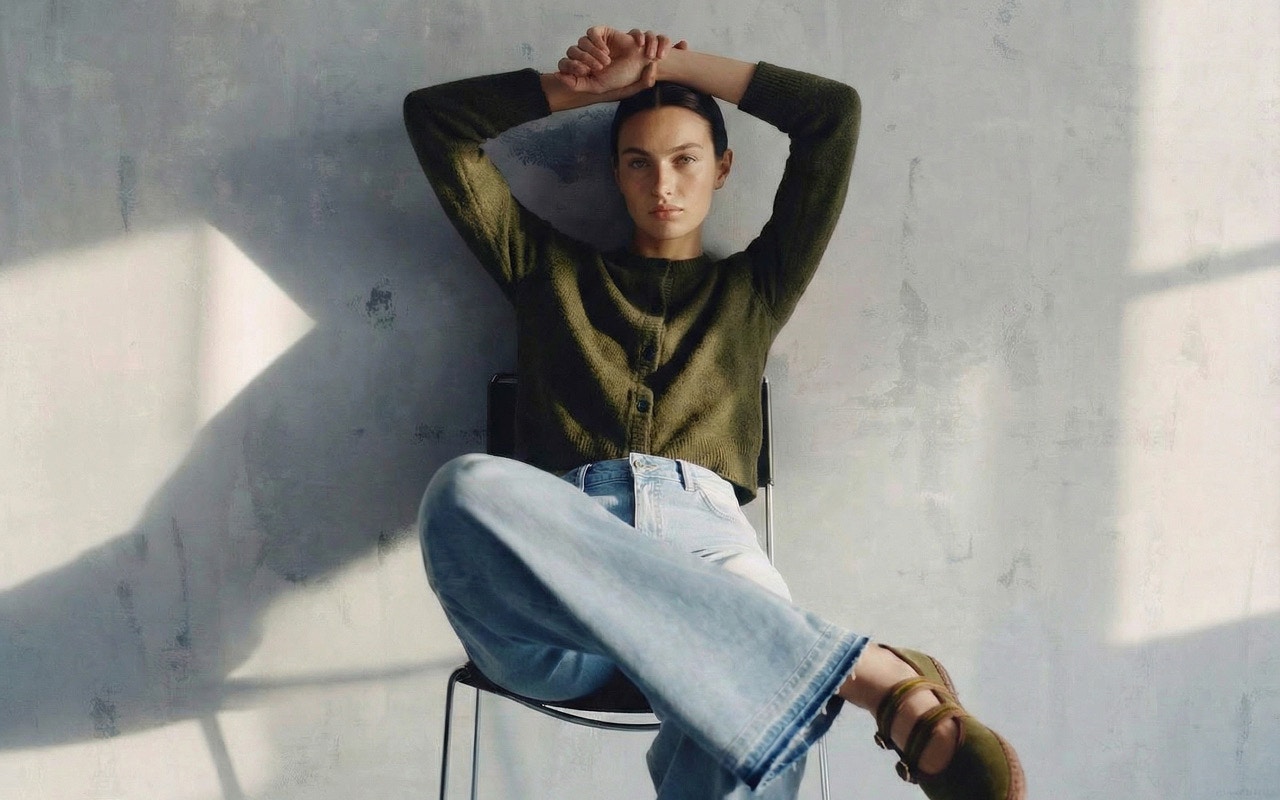 Woman wearing a green knitted jumper and jeans.