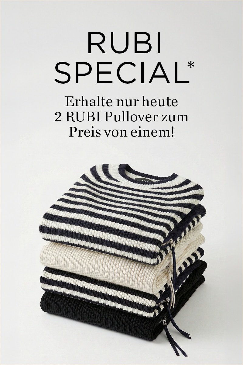 Ein Stapel gefaltete Pullover in schwarz-weiss gestreift, beige, blau-weiss gestreift und schwarz. Schrift: RUBI Special - erhalte nur heute 2 Rubi Pullover zum Preis von einem!