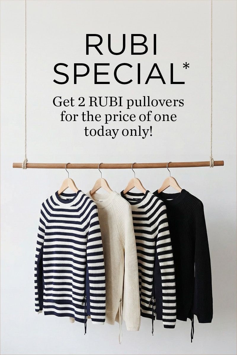 4 jumpers hanging on a rail, black and white striped, beige, blue and white striped and black. Font: RUBI Special – get 2 Rubi jumpers for the price of one today only!