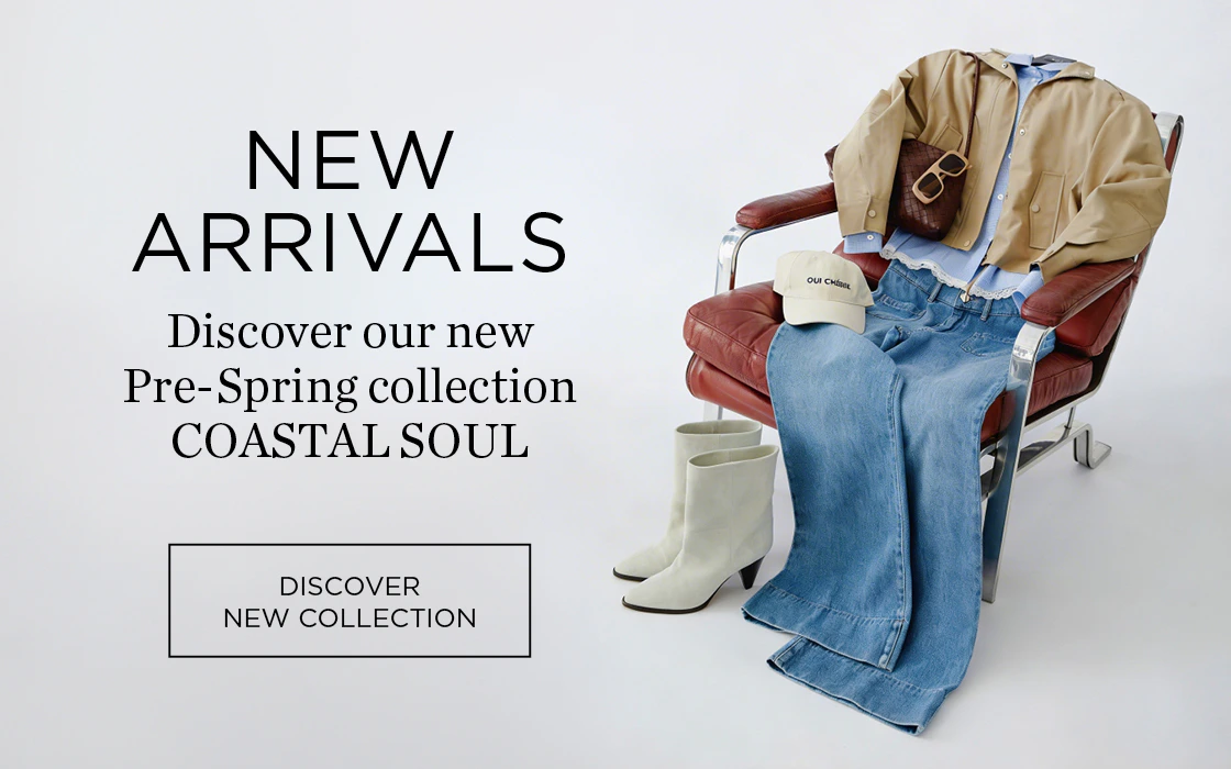 Left: New arrivals – Discover our new Pre-Spring collection Coastal Soul with clickable area: Discover new collection. Right: A chair with clothes draped over it, a beige jacket, a blue and white blouse and a pair of jeans.