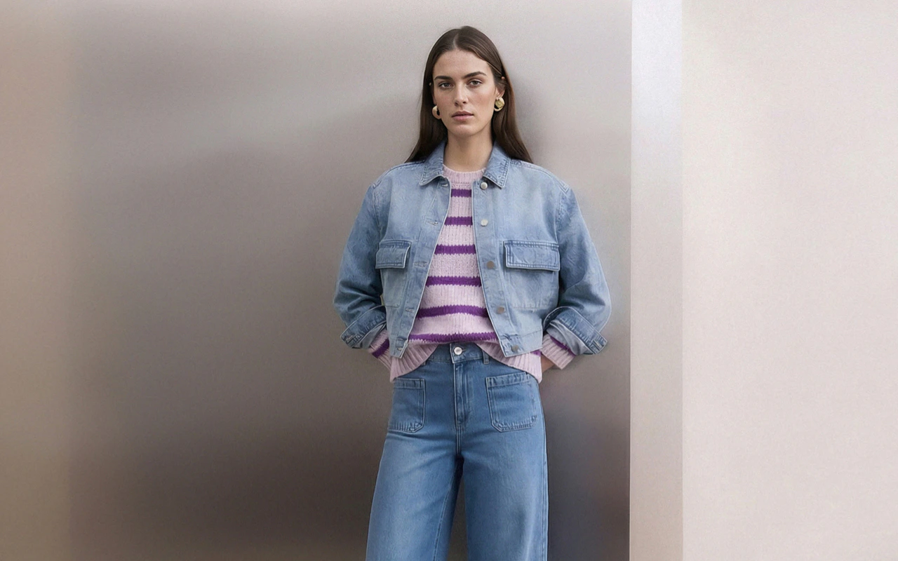 Woman wearing a denim jacket, striped jumper in purple and lilac with jeans.