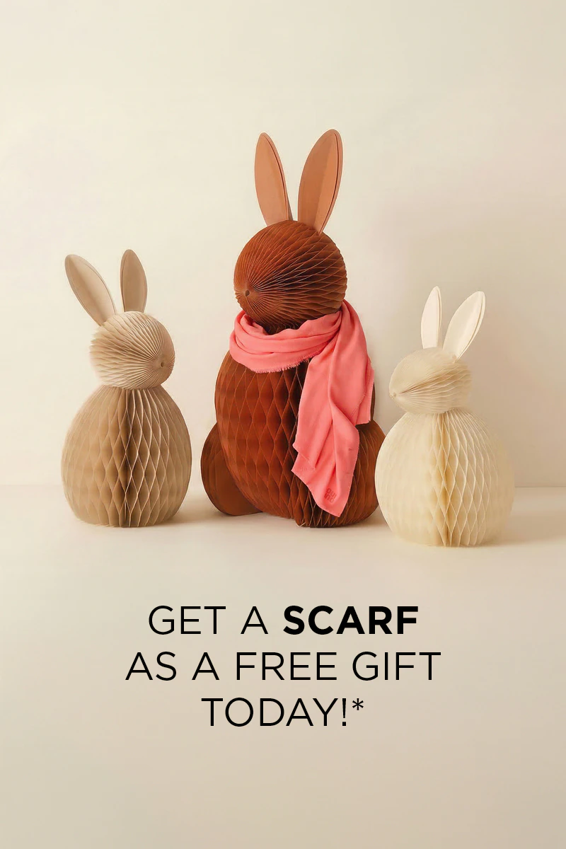 Three paper bunnies in beige, red and orange, with the text: 'Get a scarf as a gift today!'*