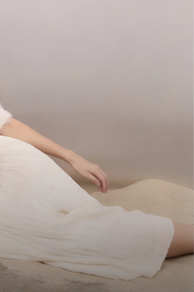 Frau trägt einen beigen Kurzarm Pullover mit einem beigen Rock.