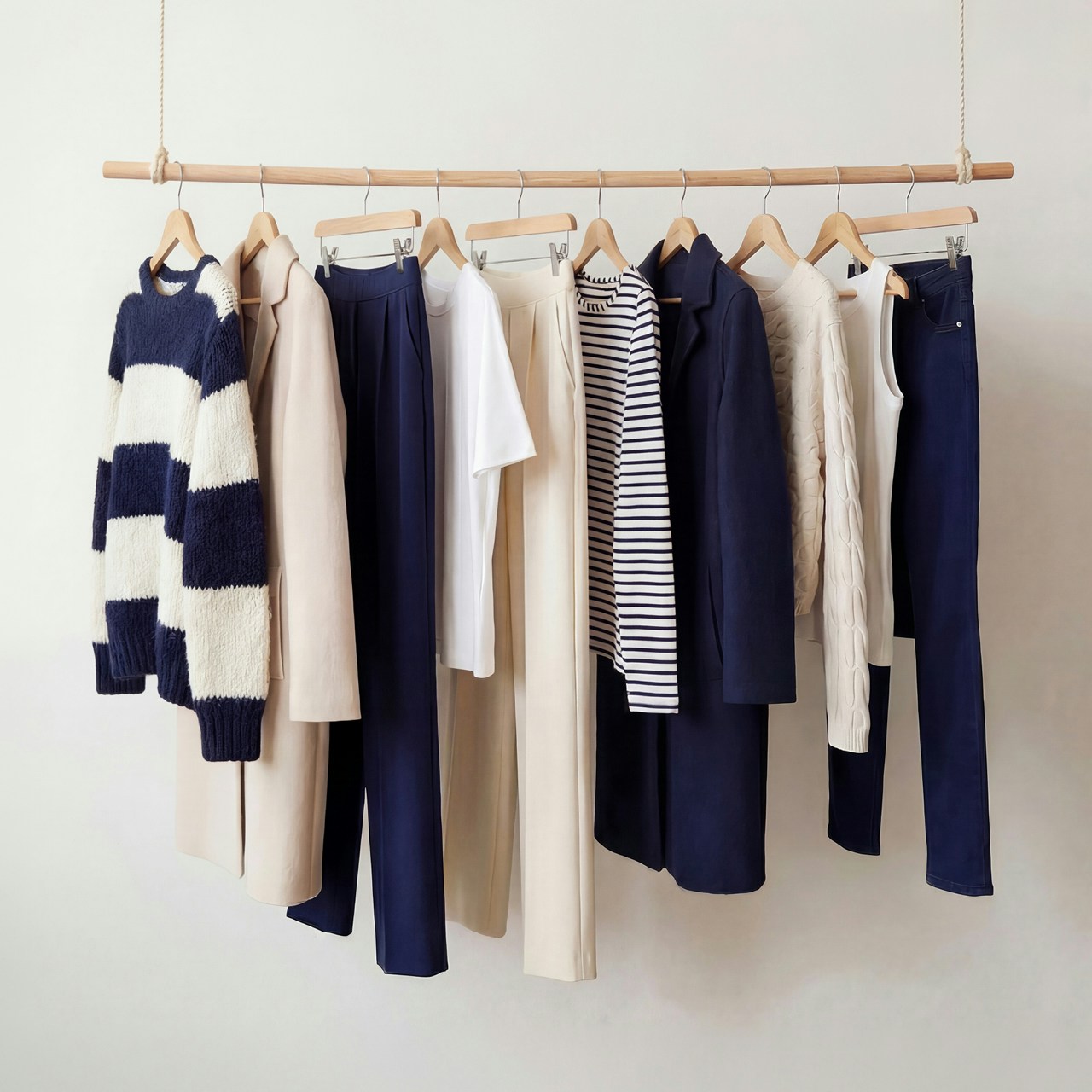 A clothes rail with hanging clothes, blue and white striped jumper, beige coat, blue trousers, white T-shirt.