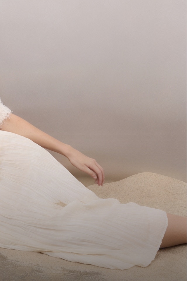 Woman wearing a beige short-sleeved jumper with a beige skirt.