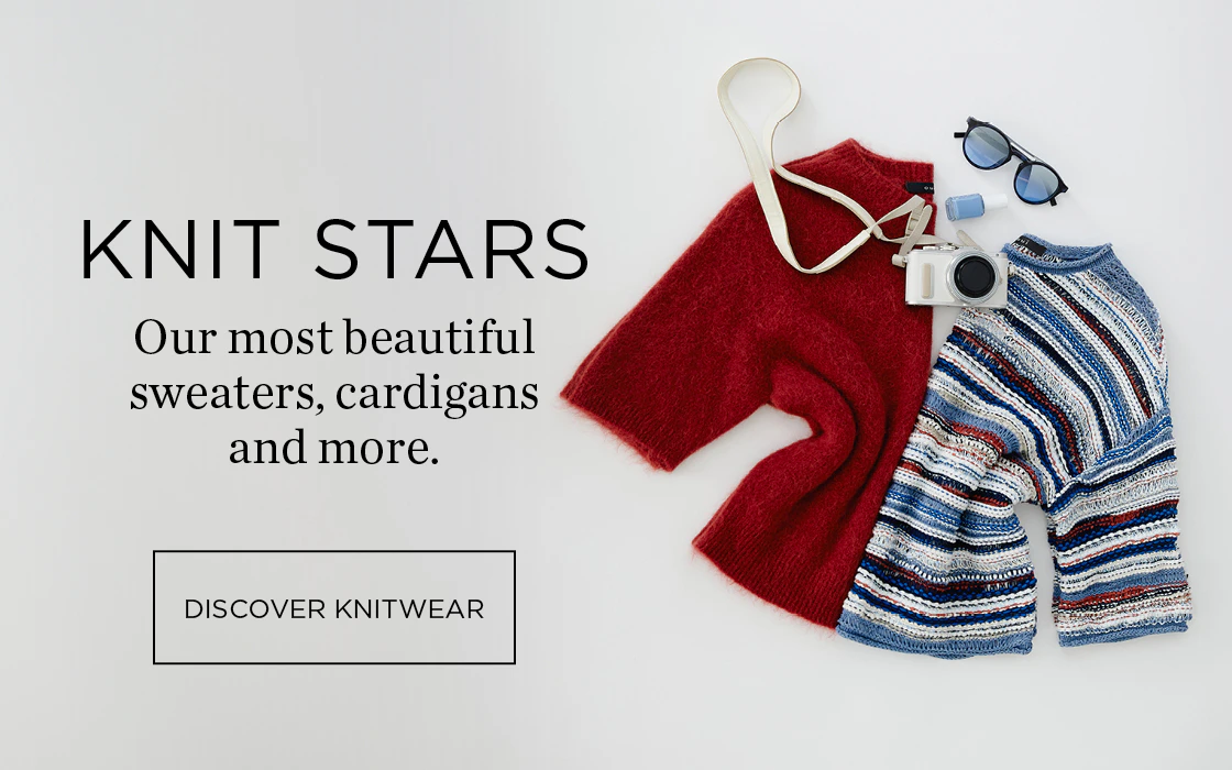 Left: Red and multicoloured striped jumper. Right: Caption: Knitwear Stars: Our most beautiful jumpers, cardigans and more.