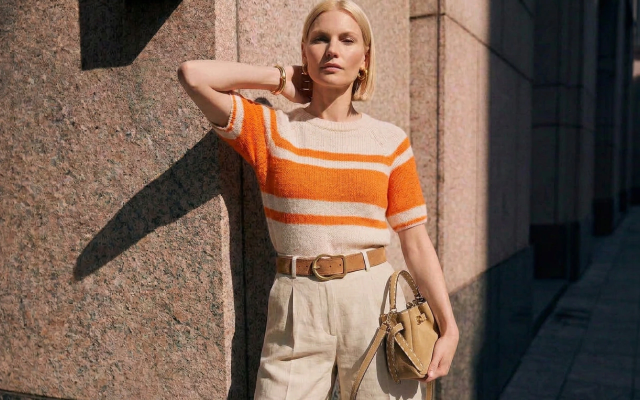 A woman wearing an orange and beige striped jumper and beige trousers.