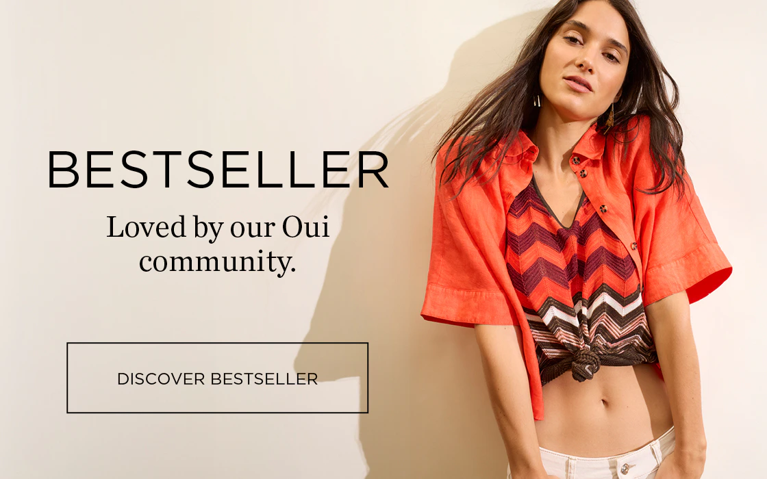 Left: Bestseller: something our Oui community loves. Right: Model wearing an orange linen blouse with a knitted top featuring a zigzag pattern