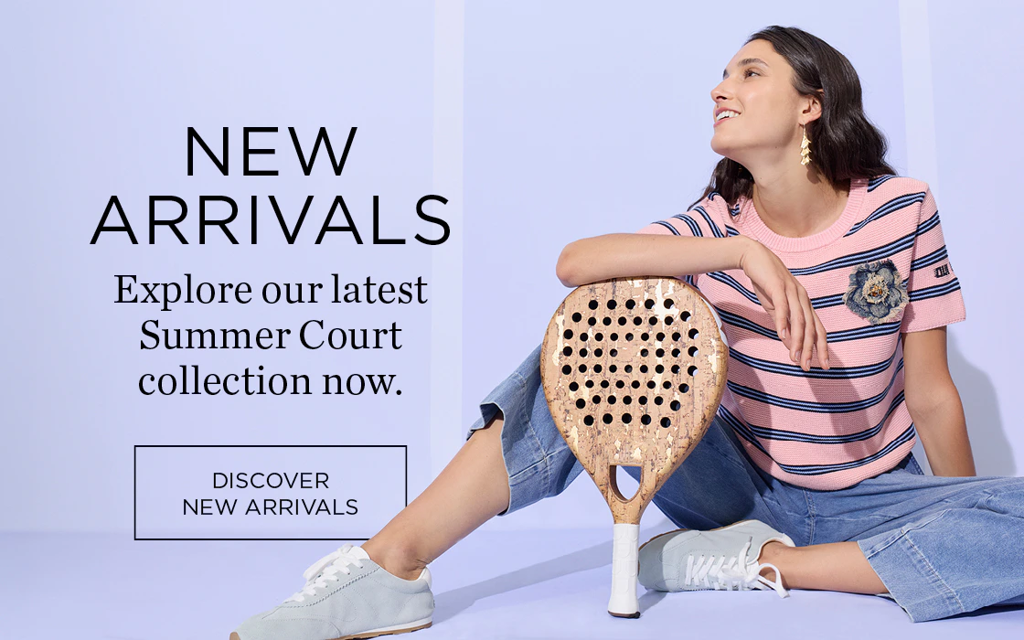 Right: Model wearing a striped pink knitted top with blue denim. Left: ‘New Arrivals’ lettering. Discover our new Summer Court collection now.
