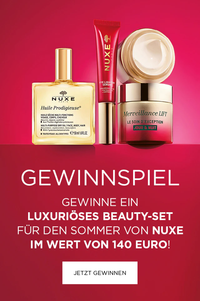 Kollage eines BEauty Sets von Nuxe in Gold mit Rot. Gewinnspiel - gewinne ein luxuriöses Beauty-Set für den Sommer von Nuxe im Wert von 140 EURO. Jetzt gewinnen