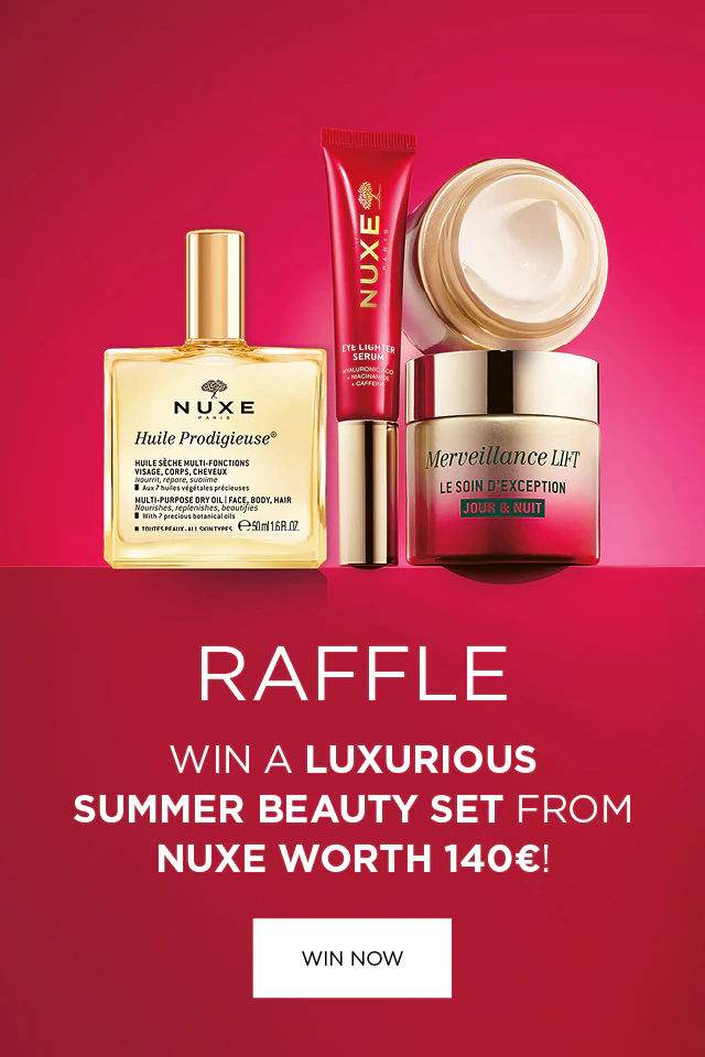 A collage of a Nuxe beauty set in gold and red. Competition – win a luxurious Nuxe beauty set for the summer worth 140 euros. WIN now