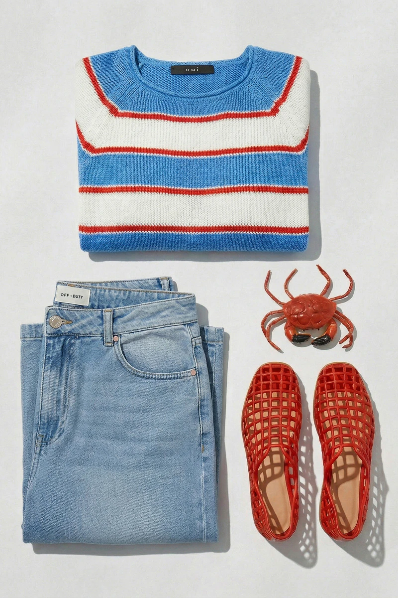 Gelegte Kleidung, oben einen gestreiften Pullover in breiten Streifen aus weiss, blau und rot, links darunter eine Jeans und rechts rot-braune offene Ballerina und ein Krebs-Accessoires.