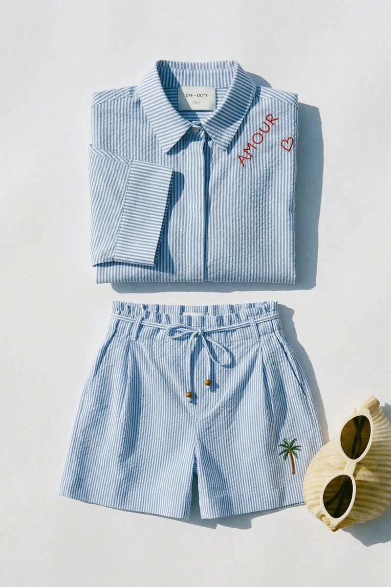 A coordinated outfit consisting of a blue and white striped blouse on top and blue and white shorts underneath; both items feature embroidery in red or dark blue.