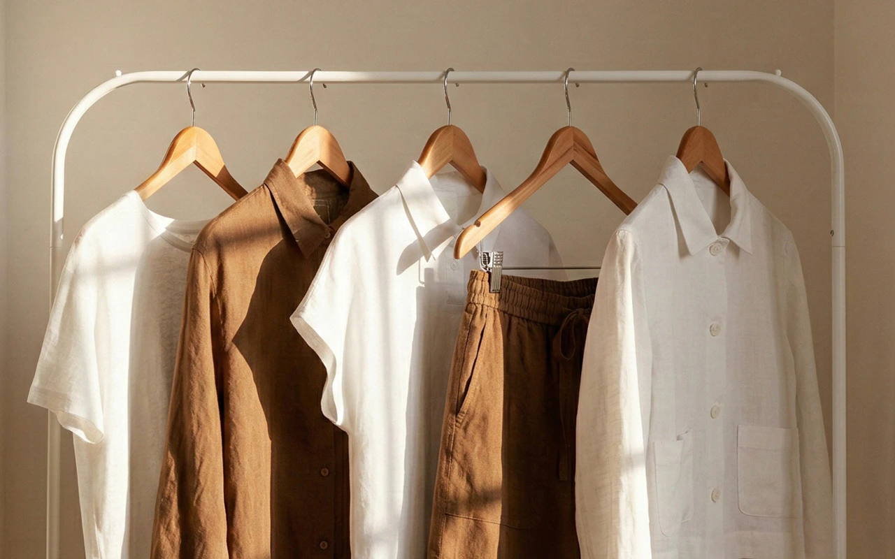 Eine Kleiderstange mit diversen Teile in weiss und braun im Wechsel gehangen. Blusen, Hosen und Shirts.